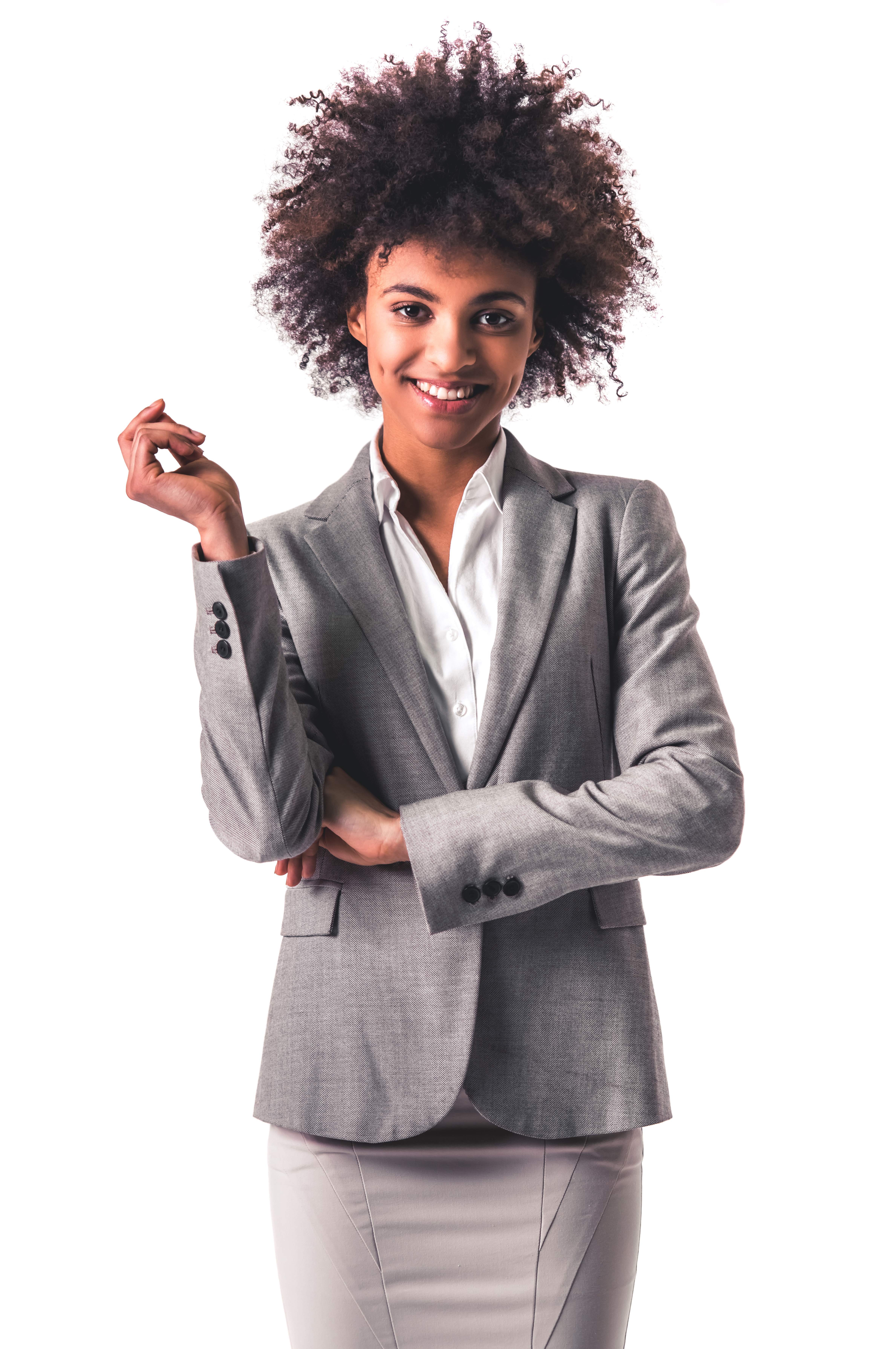 Beautiful young Afro American business woman in formal wear is looking at camera and smiling, isolated on white